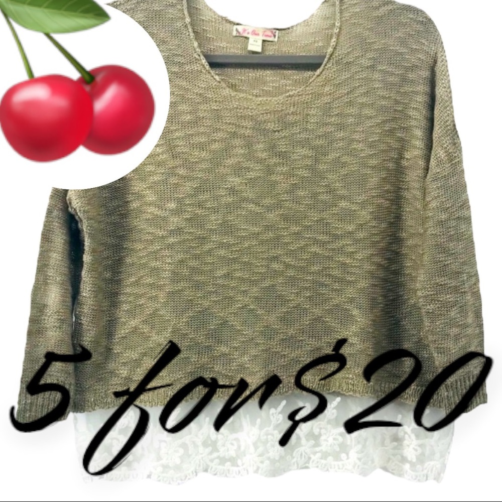 Knit Tan White Lace Hem Knit Pullover Crew Neck Sweater Top Size XS